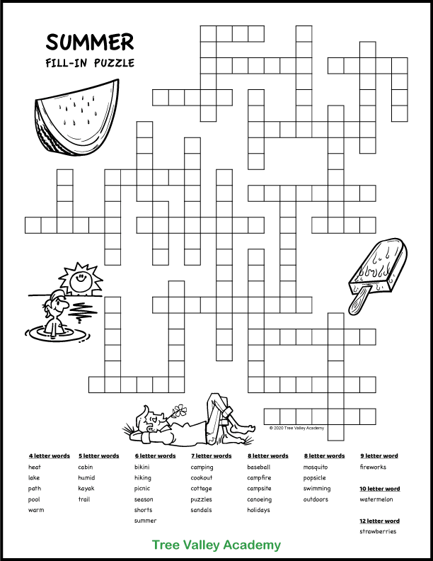 Free printable summer themed fill in word puzzles for kids.  This fill in puzzle has 32 words to fit in the puzzle.  The words are words you might expect when camping or hiking or hanging out at a lake.  There are 4 letter words up to 12 letter words.  Prints in black and white and has images of a watermelon, a popsicle, a boy swimming, and a boy lying in a meadow for kids to color.  Pdf includes answers.