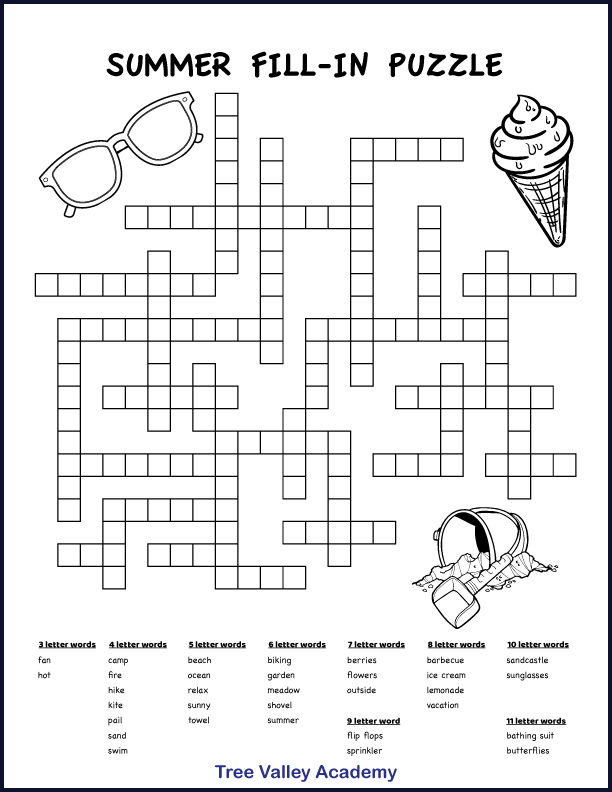 Free printable summer themed fill in word puzzles for kids.  This fill in puzzle has 32 summer and beach words to fit in the puzzle.  There are 3 letter words up to 11 letter words.  Prints in black and white and has images of an ice cream, a pail and shovel with sand, and a pair of sunglasses for kids to color.  Pdf includes answers.