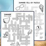 2 summer themed fill in puzzles for kids. The puzzles print in black and white and have summer pictures for kids to color. Pdf includes answers.