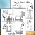 2 summer themed fill in puzzles for kids. The puzzles print in black and white and have summer pictures for kids to color. Pdf includes answers.