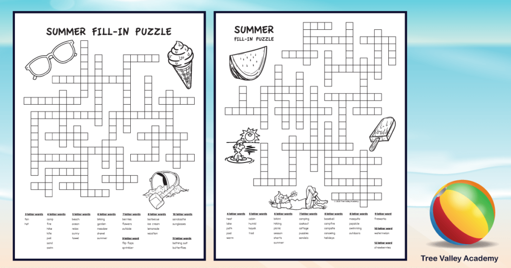 2 printable summer word puzzles on beach background