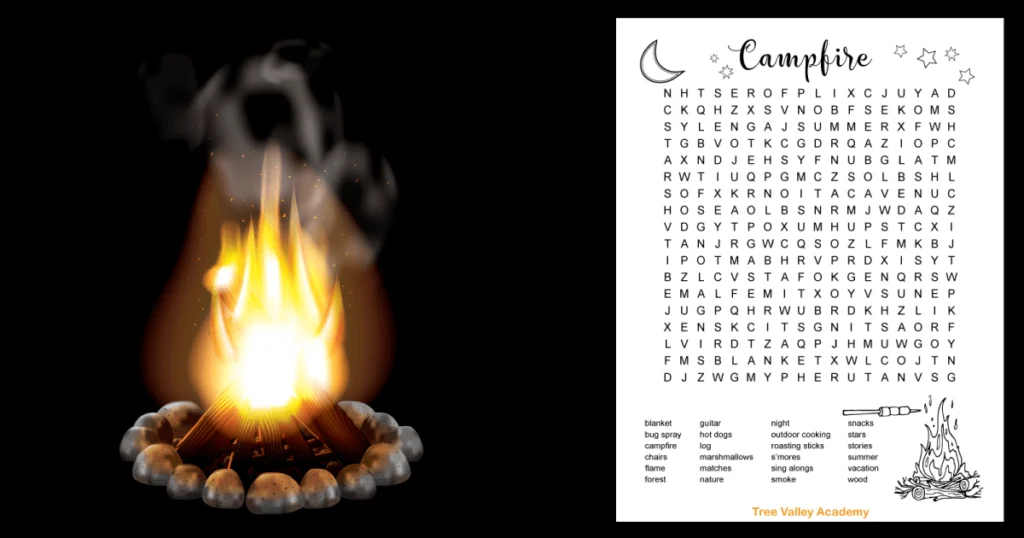 Free printable campfire camping word search for kids.  There are 24 hidden campfire words for kids to find and circle in an 18 X 18 grid of letters.  The one page black and white printable puzzle has a picture of a crescent moon and some stars and a bonfire with marshmallow's being roasted on a stick.  Kids can color the images if they wish.