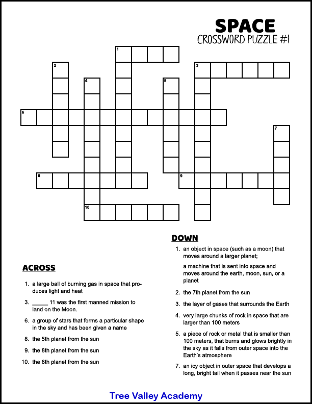 screenshot of space themed crossword puzzle with 12 words down or across