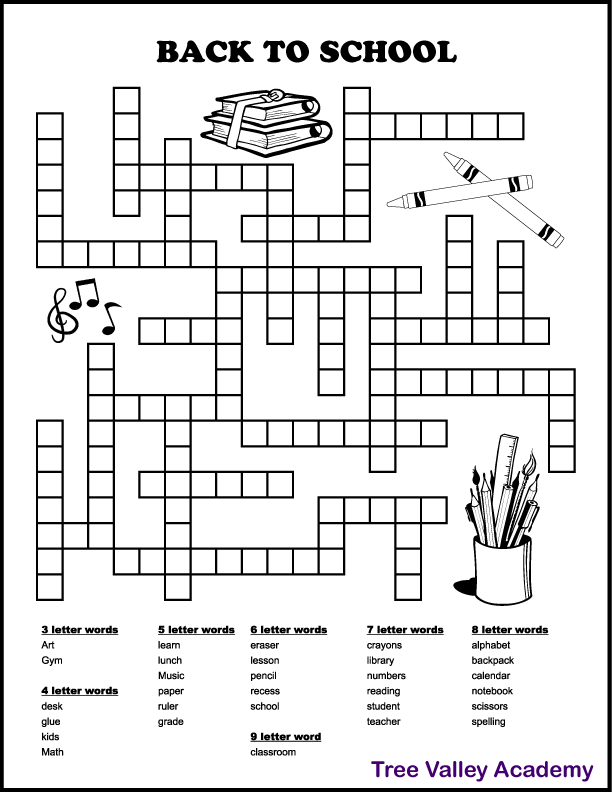 A printable back to school fill in puzzle for kids.  30 school words to fit in.  The words are 3 to 9 letter words.  Black and white images of school books, crayons, pencils, brushes, a ruler and more that kids can color if they wish to.