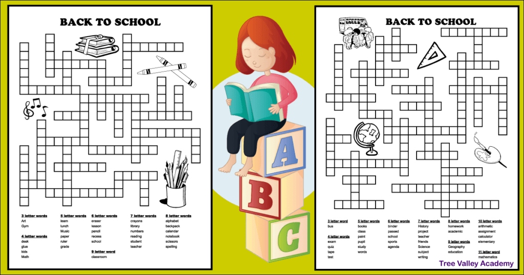 Two free printable back to school fill in puzzles for kids.  The black and white printables are decorated with images kids can color.  The images are books, crayons, a globe, school bus, ruler, paint, music notes, etc.