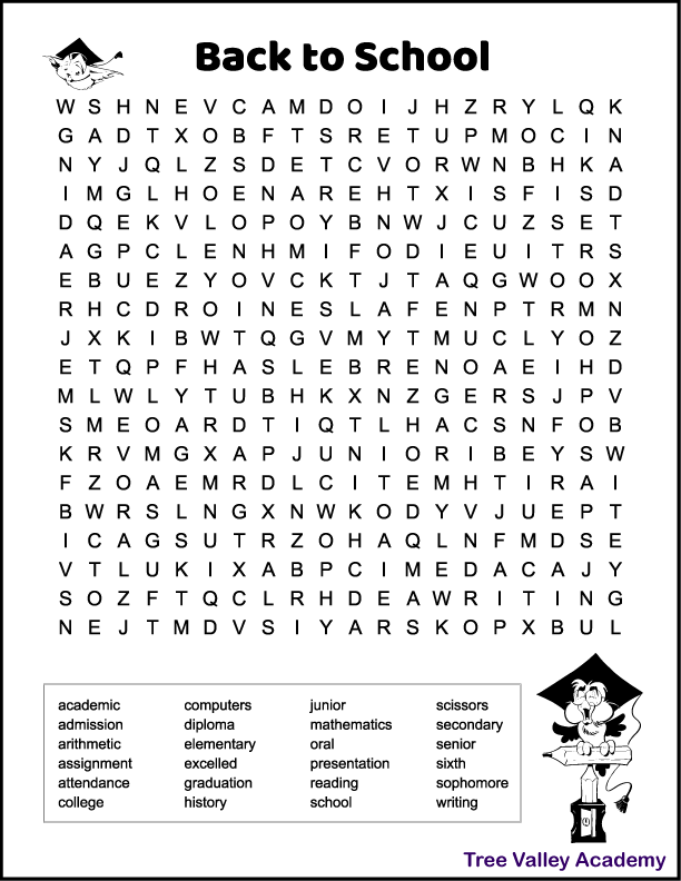 Free printable back to school word search for 6th grade students. 24 hidden words to find and circle in a 19 X 20 grid of letters. Most of the hidden words are 6th grade spelling words.  Black and white printable. There's two images of owls with a graduation hat on.  The one is flying and the other is perched on pencils and a pencil sharpener. Kids can color the images if they wish.