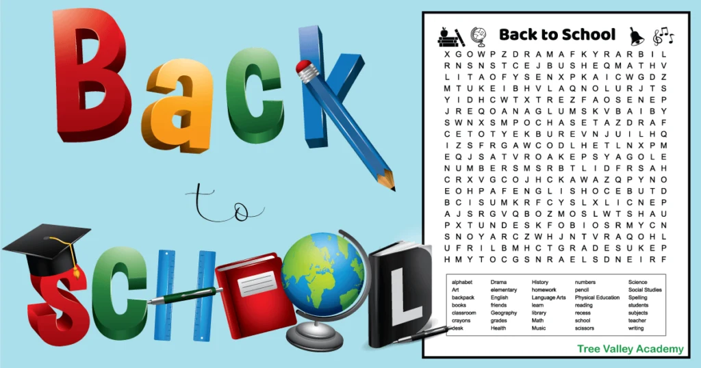 Back to school word search pdf with 35 school words hidden in a 19 X 20 grid of letters.