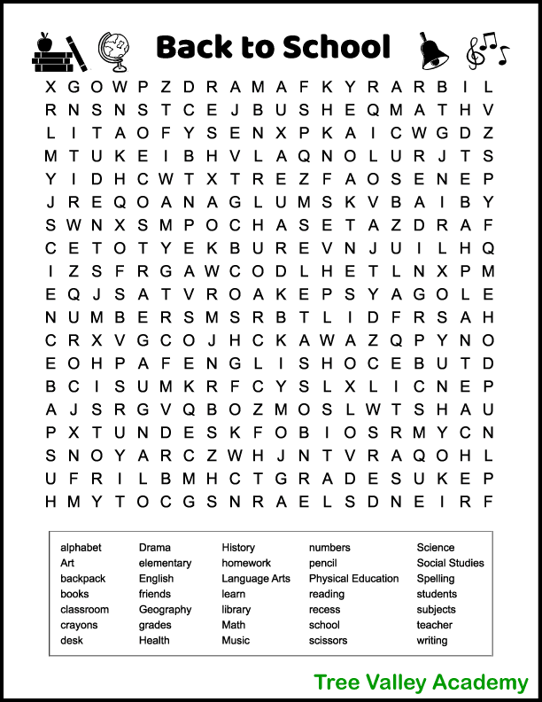 screenshot of a back to school word search printable with 35 hidden school words to find