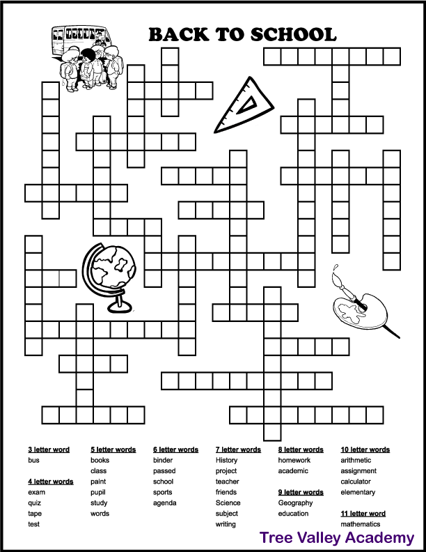 A printable back to school fill in puzzle for kids.  32 school words to fit in.  The words are 3 to 11 letters long.  The black and white puzzle has images of a globe, school bus with children, paint brush and tray, and a triangle ruler that kids can color if desired.