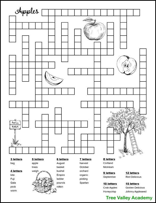 A free printable apple themed fill in puzzle for kids.  The 30 words of this word puzzle, are vocabulary that would be used when picking apples at an apple orchard.  There are 3 letter words all the way to 15 letter words.  Level of difficulty is perfect for 4th graders to 6th graders.  A fun fall coloring worksheet. Pdf with answers.