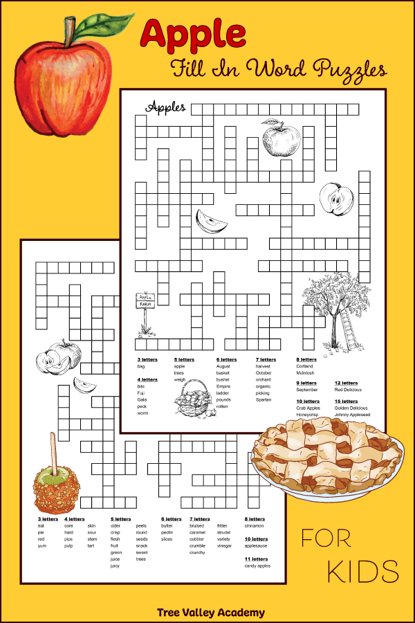 Apple fill in puzzles for kids. Two free printable word puzzles for kids. The theme of one of the puzzles is words related to apple picking at an orchard. Another puzzle is focused on food and deserts that are made with apples, and also parts of an apple. Great for improving spelling and learning vocabulary of apple themed words.