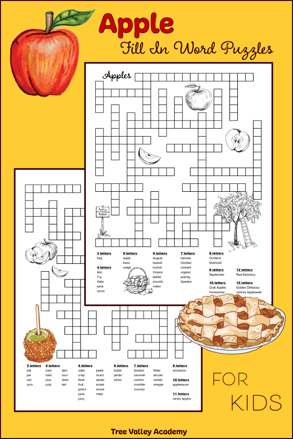 Apple fill in puzzles for kids. Two free printable word puzzles for kids. The theme of one of the puzzles is words related to apple picking at an orchard. Another puzzle is focused on food and deserts that are made with apples, and also parts of an apple. Great for improving spelling and learning vocabulary of apple themed words.