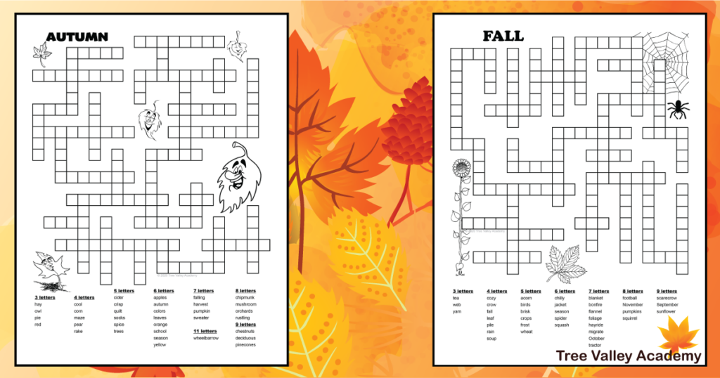 2 autumn fill it in puzzles for kids