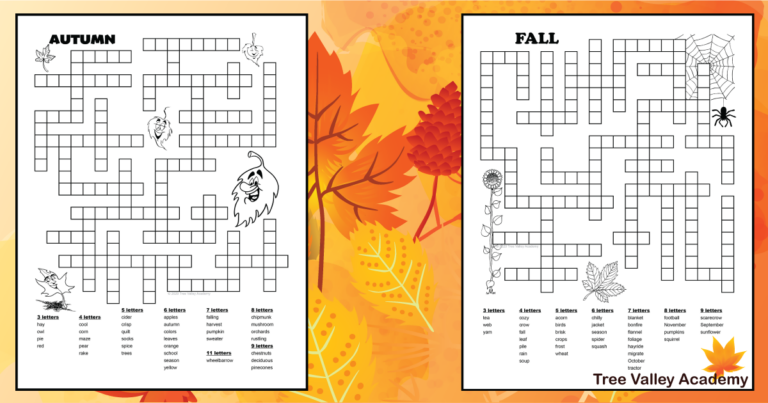 Free Printable Autumn / Fall Word Fill In Puzzles Tree Valley Academy