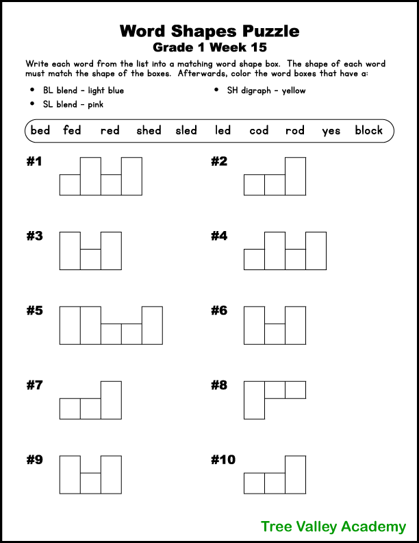 1st Grade Word Shape Puzzles Weeks 13 16 Tree Valley Academy