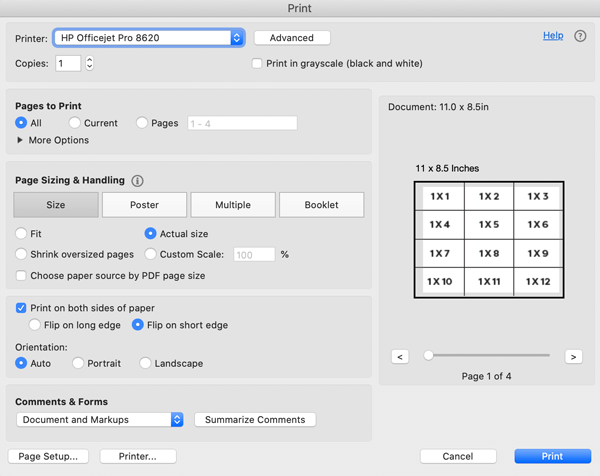 Printer settings and instructions for printing printable multiplication flashcards on the front and back, with a printer that has "print on both sides of paper" option.