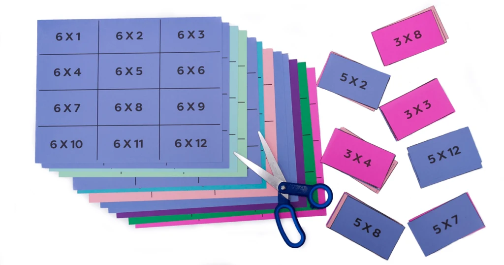 13 sheets of card stock with printed multiplication flashcards.  12 flash cards per page. Use scissors to cut out and have multiplication flashcards for 0-12