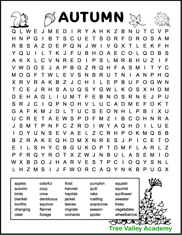 Free printable fall word search with 35 hidden autumn themed words to find.  The printable activity has some images to color if desired: a squirrel, acorn, leaf, sunflower, and a pile of leaves with a rake.  Difficulty level is hard with 20 X 22 letter grid.  The puzzle has words like: deciduous, foliage, equinox, rustling, migrate, bonfire, spider, etc.