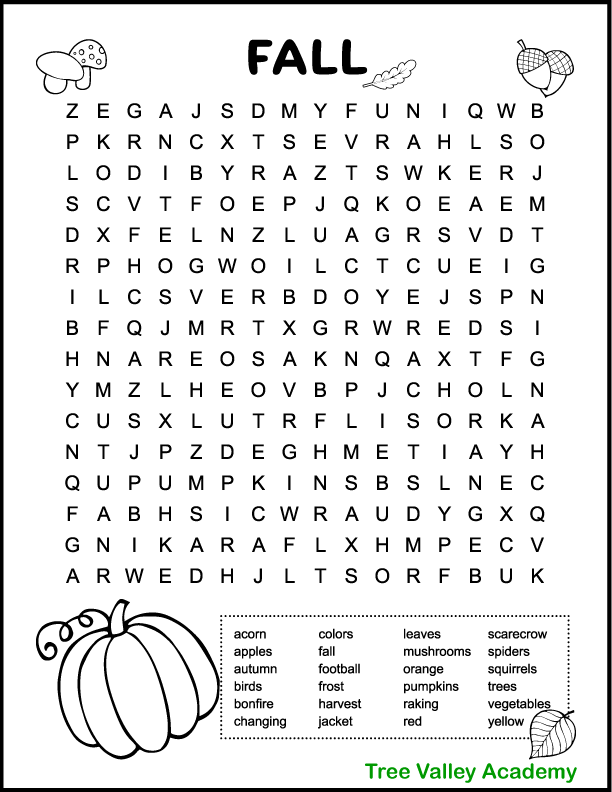 Printable Fall Word Searches For Kids Tree Valley Academy