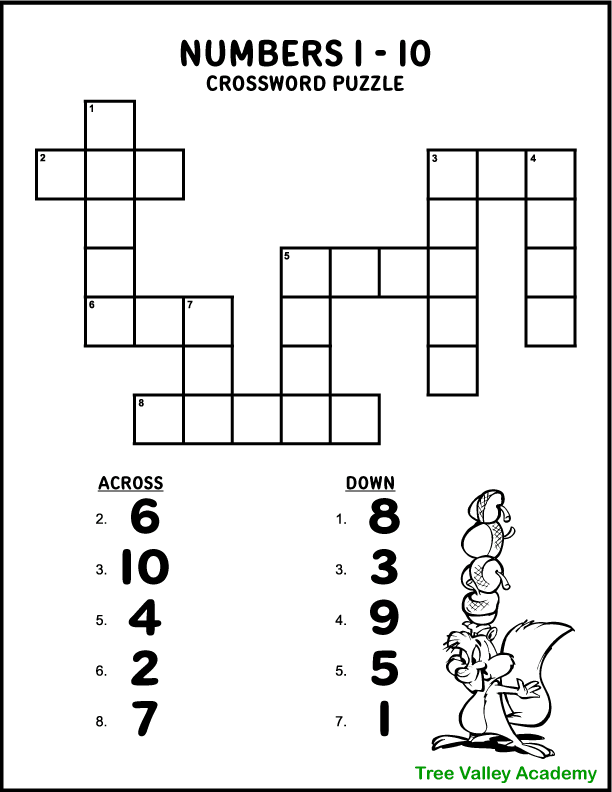 A free printable numbers 1-10 crossword puzzle for kids. The number digits are the clues.  And kids need to write the number in words.