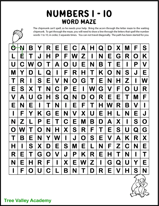 A free printable word maze of the number words 1 to 10. A word puzzle to help kids learn the spelling of numbers one to ten. Kids will draw lines of the path through the maze from an acorn at the beginning to a waiting chipmunk at the end of the maze. The path will be the letters that spell the numbers one to ten in order, 3 separate times.