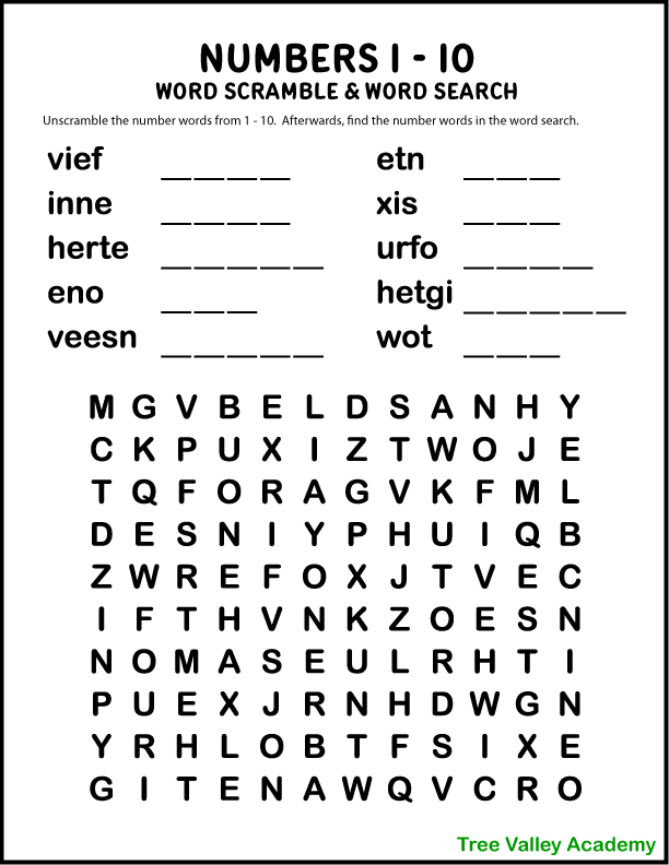A free printable numbers word scramble & numbers word search for kids of the number words from 1-10.