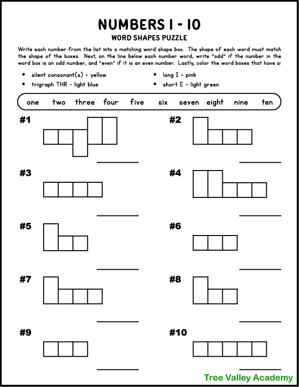 A free printable word shape puzzle that uses the number words from one to ten.  Kids will need to write out the number words in a word box that matches the shape of the word. Afterwards they will color word boxes with silent consonants yellow; a trigraph THR light blue; a long I sound pink; and a short E sound light green. 