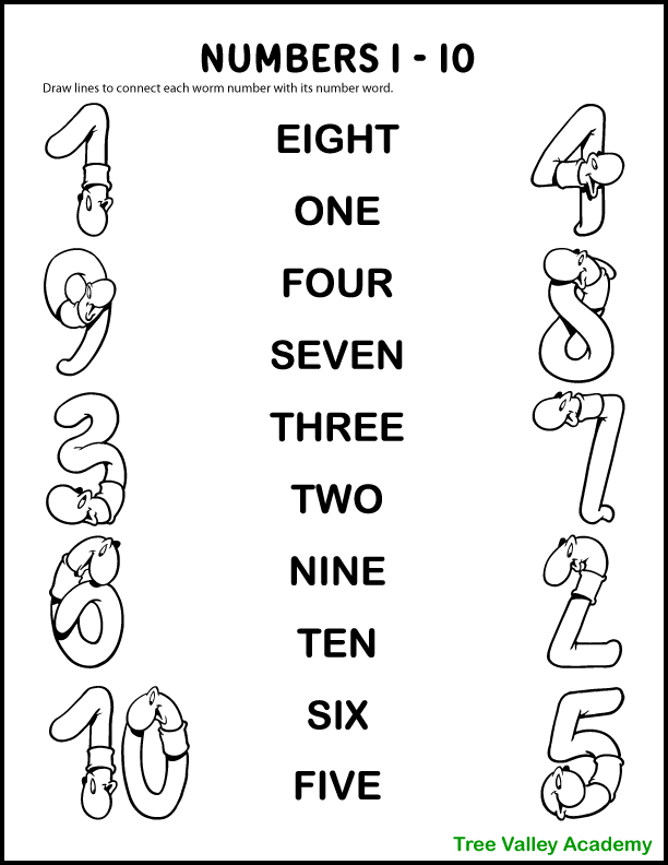 A free printable numbers in words worksheet for Kindergarten, 1st grade or 2nd grade students.  The middle column has the number words 1 thru 10.  The left column has the number digits 1, 9, 3, 6 & 10.  The right column has the number digits 4, 8, 7, 2 & 5.  Children need to draw lines to connect each number digit to its number word.  The number digits are worm themed and can be coloured by kids if desired.