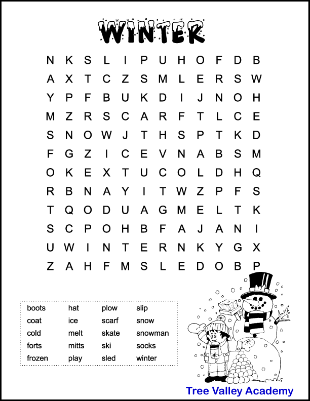Free printable easy winter word search for kids with 20 hidden words for kids to find and circle.  There's also a picture children can color of a little boy enjoying the fun of the winter season.  He's bundled up in winter clothing with a pile of snowballs, standing in front of a snowman.
