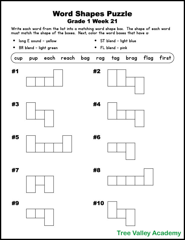 Word shapes puzzle for grade 1 week 21.  There's 10 words for kids to write in a box that matches the shape of the word.  Next kids will color the word boxes that have a long E sound, an ST blend, an FL blend, and a BR blend.