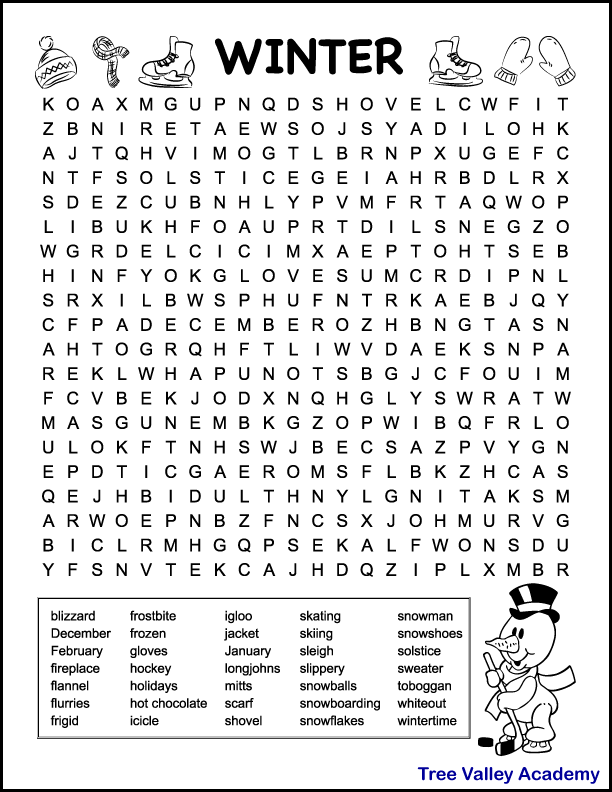 Free printable hard winter word search for kids.  35 hidden winter words will be tough for kids to find in the 20 X 22 letter grid. There are some images on the page for kids to color: a snowman on skates with a puck and a hockey stick, gloves, skates, a winter hat and scarf.