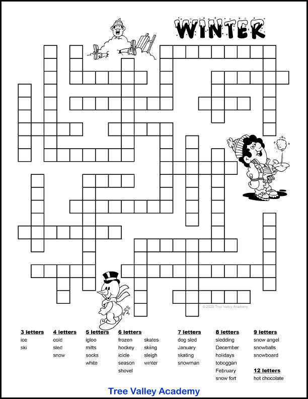 A black and white printable winter fill in word puzzle for kids. There are 32 winter activities words to fit in the puzzle. The words to fit are 3 to 9 letter words and a 12 letter word. There are 3 images that decorate the puzzle. A picture of a snowman snowboarding, a boy sitting in a pile of snow with a sled, and a boy throwing a snowball in the air.