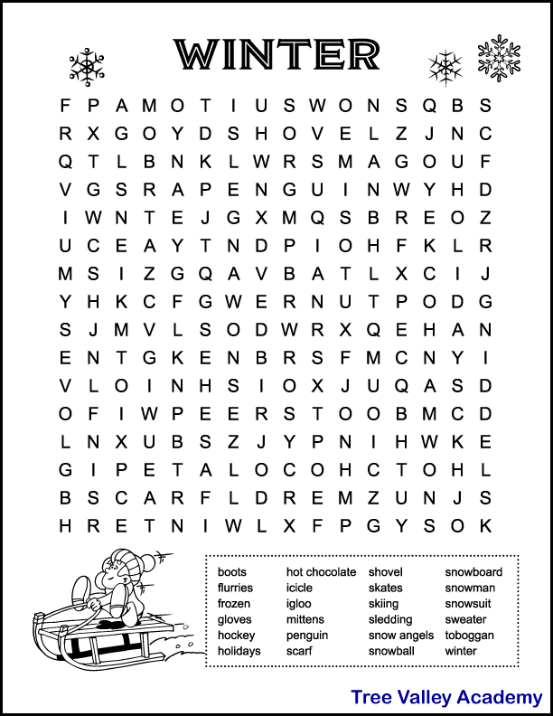 Free printable winter word search for kids. This puzzle has 24 hidden winter words for kids to find and circle. Kids can also color an image of a little boy on a sled.