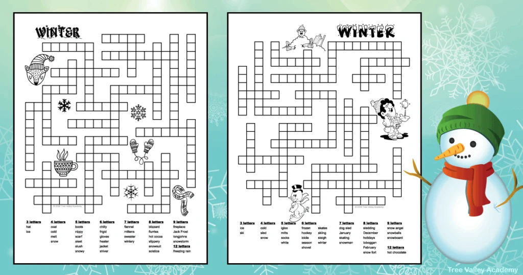 2 winter themed fill in word puzzles for kids. The black and white puzzles are decorated with cute winter images. The puzzles have 32 and 33 winter words to fit in the crossword-like word boxes.