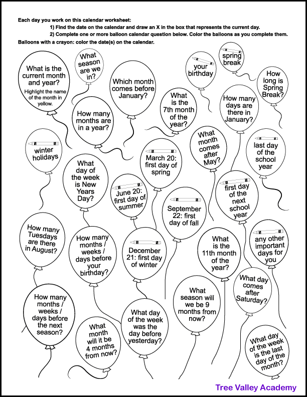 Free printable calendar worksheet for 1st & 2nd grade students.  The worksheet can be used in any month. The worksheet has a balloon theme, and kids can color each balloon as they answer the  calendar questions.  Kids will get lots of practice learning to read the calendar.  Includes questions about the current date, the days of the week, months of the year, seasons, etc. Pdf is free to download & print.