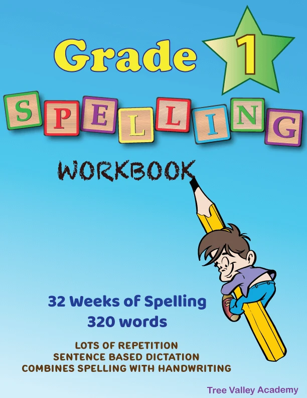 Grade 1 Spelling Workbook - 32 Weeks Lesson Plan Spelling Curriculum For Homeschool. Combines spelling with learning handwriting with a strong focus on lowercase letters. Sentence based dictation provides lots of repetition of previously learned spelling words. 320 words, 254 sentences, 25+ blends & digraphs - Easier Learning with Word Families - Downloadable .pdf