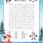 A black and white printable winter themed word search with 21 winter themed 5th grade spelling words hidden in a 17 X 17 grid of letters. The puzzle is decorated with winter images kids can color: an image of snowflakes, a flying bird with winter clothing, and a penguin wearing a winter coat.