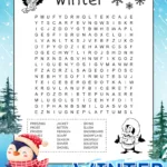 A black and white printable winter themed word search with 21 winter themed 5th grade spelling words hidden in a 17 X 17 grid of letters. The puzzle is decorated with winter images kids can color: an image of snowflakes, a flying bird with winter clothing, and a penguin wearing a winter coat.