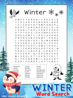 A black and white printable winter themed word search with 21 winter themed 5th grade spelling words hidden in a 17 X 17 grid of letters. The puzzle is decorated with winter images kids can color: an image of snowflakes, a flying bird with winter clothing, and a penguin wearing a winter coat.