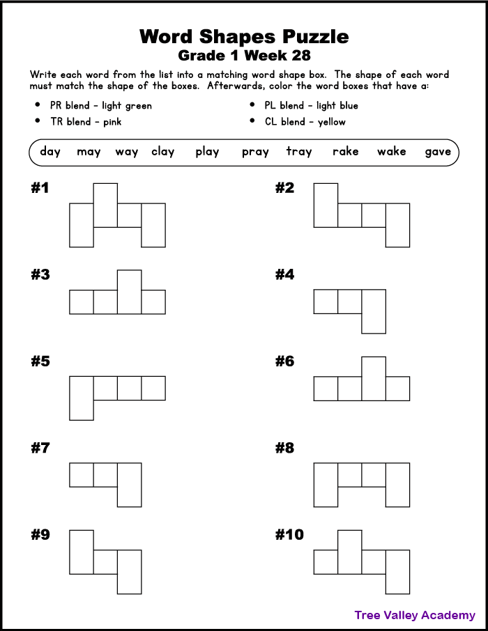 A free printable word shapes puzzle for grade 1 students. Kids will write ten 1st grade words into their matching word box. Afterwards, children are asked to color different word shape boxes that contain a specific phonics sound. For example, they will need to color any word with a CL blend, yellow. The pdf is free to download and includes answer sheet.