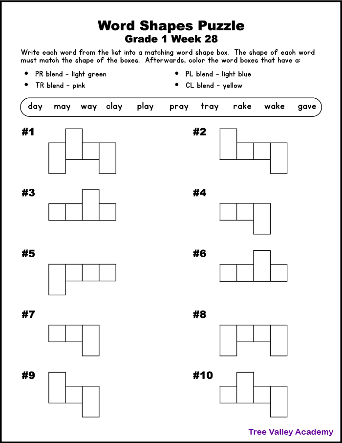 A free printable word shapes puzzle for grade 1 students.  Kids will write ten 1st grade words into their matching word box.  Afterwards, children are asked to color different word shape boxes that contain a specific phonics sound. For example, they will need to color any word with a CL blend, yellow.  The pdf is free to download and includes answer sheet.