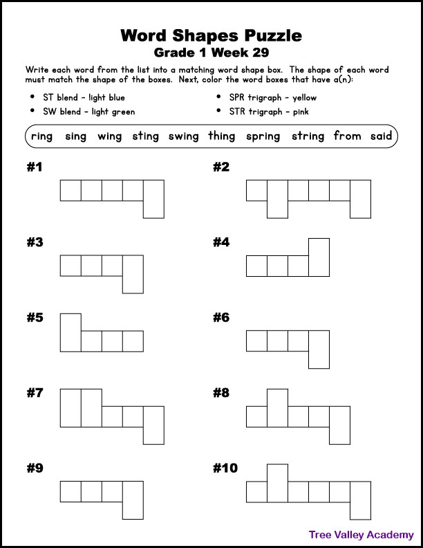 A free printable word shapes puzzle for grade 1 students. Kids will write ten 1st grade words into their matching word box. Afterwards, children are asked to color different word shape boxes that contain a specific phonics sound. For example, they will need to color any word with a STR trigraph, pink. The pdf is free to download and includes an answer page.