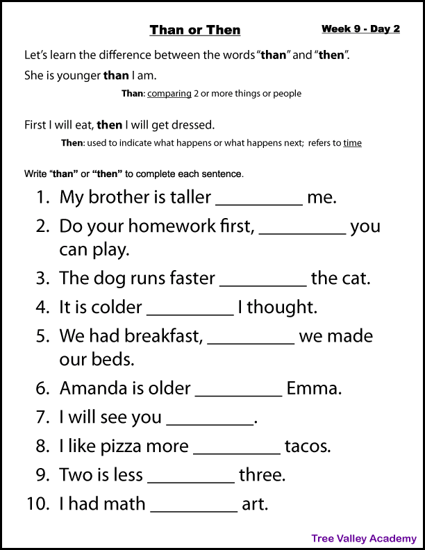 A than or then worksheet in a Grade 1 Spelling Workbook pdf.  The workbook has a 32 week learning plan. This days focus was on learning the difference in meaning and spelling for the homonym than or then.