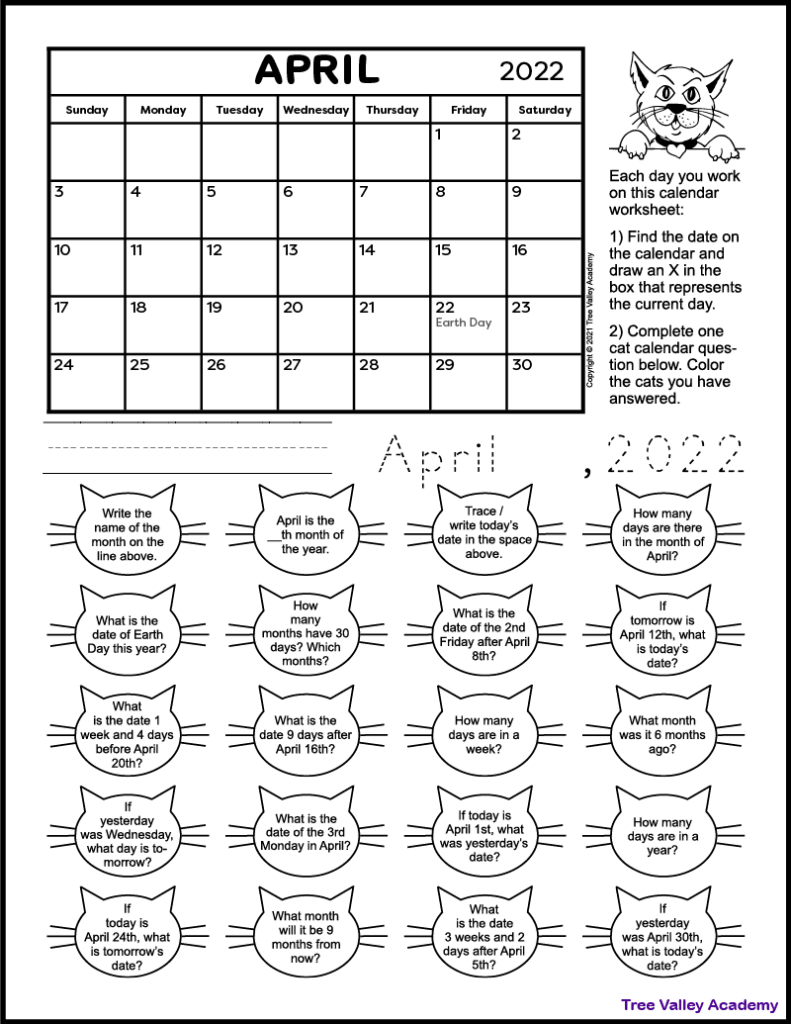 calendar worksheet for april 2022 tree valley academy