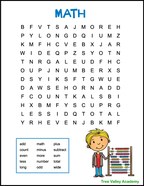 An easy math word search for kids. There are 15 hidden words for kids to find and circle. A beginner level word search puzzle ideal for children in grades 1 or 2. A colourful image of a boy counting on an abacus decorates the page. Pdf includes answer key.