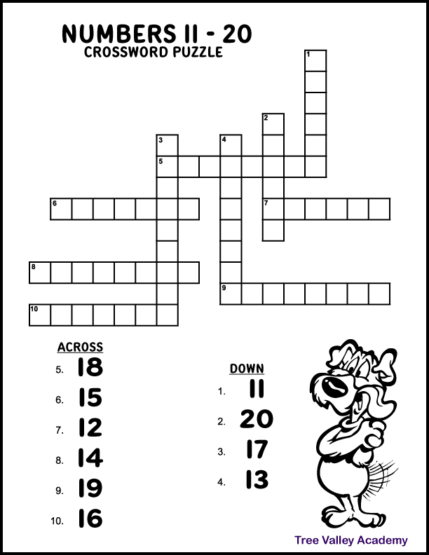 A free printable numbers 11-20 crossword puzzle for kids. The number digits are the clues.  And kids need to write the number in words.