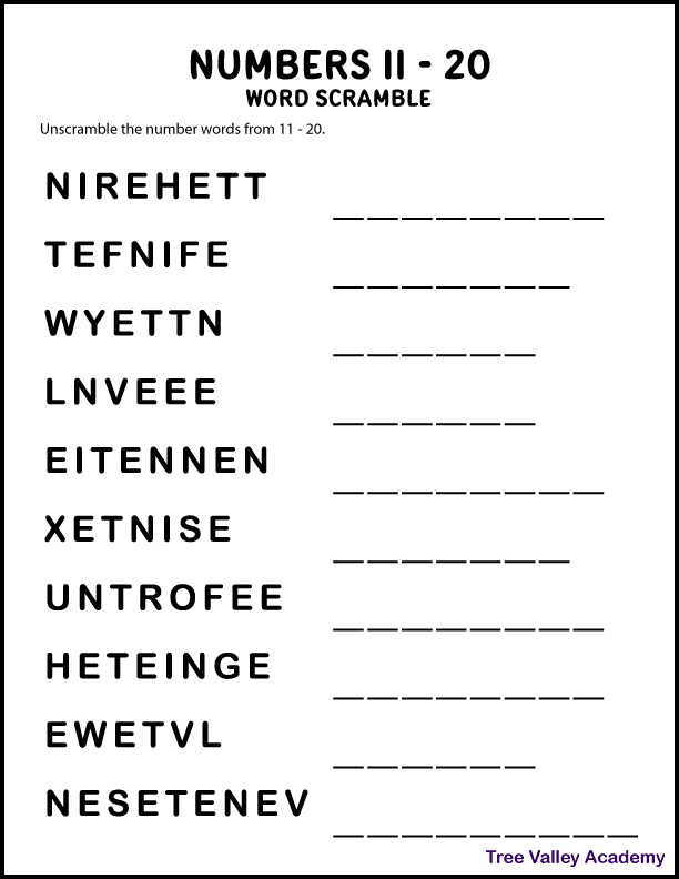 A free printable numbers word scramble for kids of the number words from 11-20.