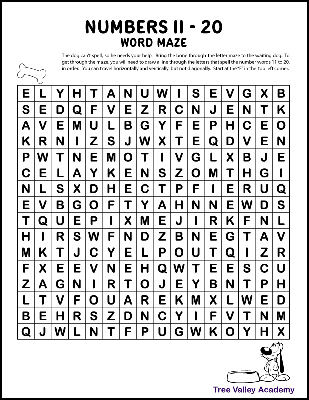 A free printable word maze of the number words 11 to 20.  A word puzzle to help kids learn the spelling of numbers eleven to twenty.  Kids will draw lines of the path through the maze from a bone at the beginning to a waiting hungry dog at the end of the maze. The path will be the letters that spell the numbers eleven to twenty, in order.