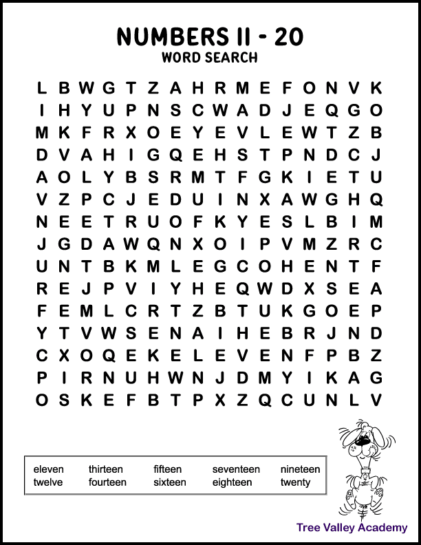 A free printable numbers word search for kids of the number words from 11-20.  There are 10 number words hidden in all directions for kids to find.  Pdf with answers.