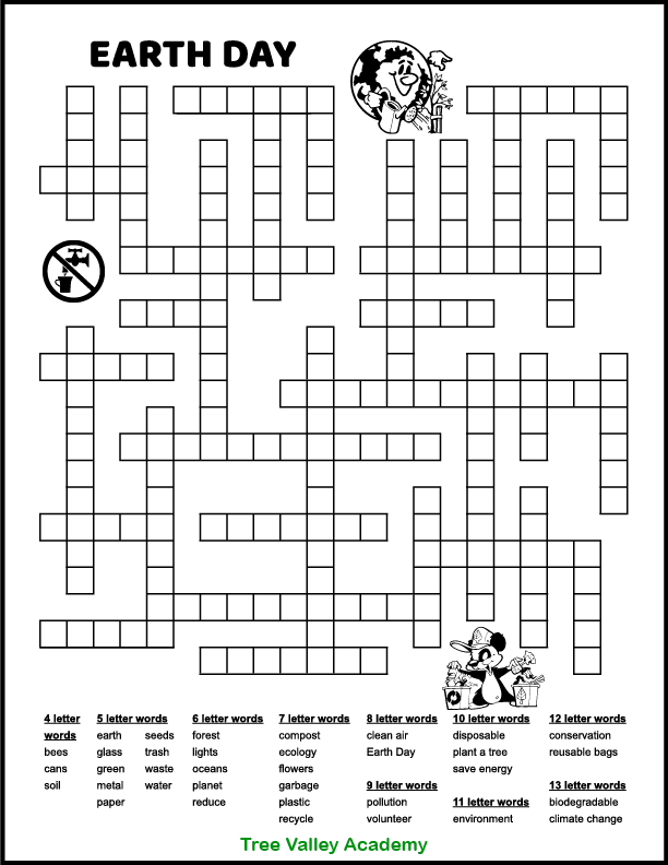A one page printable Earth Day fill in word puzzle for kids.  There are 35 words for kids to fit in the puzzle.  There are 4 letter words all the way up to 13 letter words.  Vocabulary like climate change, reduce, pollution, conservation, reusable bags, ecology, lights & compost. Free downloadable pdf includes answers.